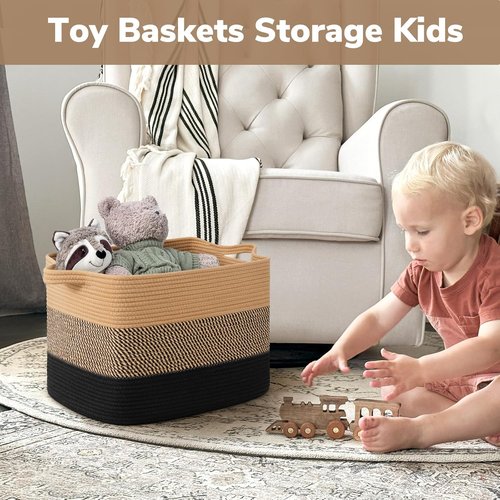 Goodpick Large Woven Basket - 18" x 14" x 12" Cotton Rope Storage for Organizing | Black & Jute Design