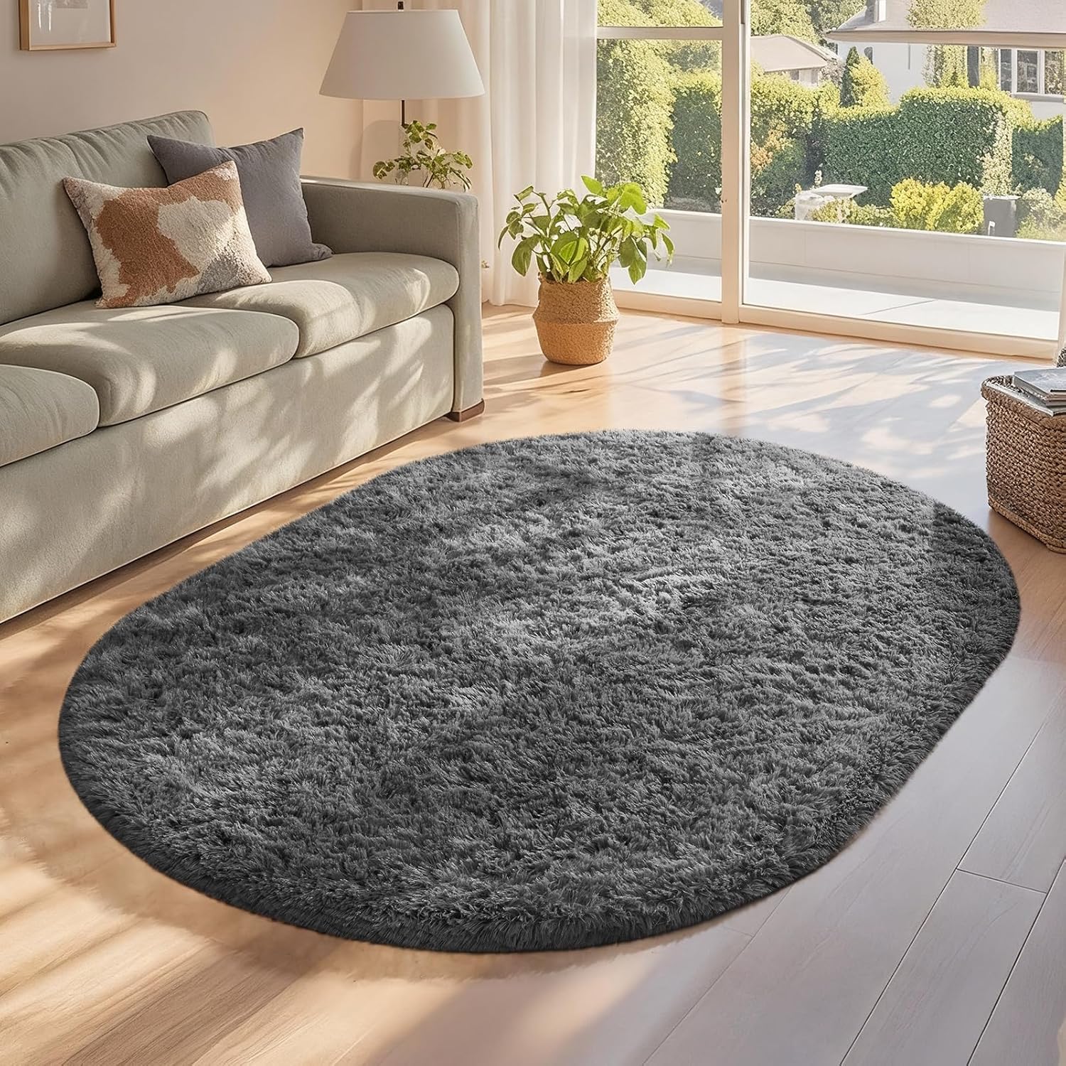 Ophanie 3x5 Oval Rug - Non-Slip Grey Area Rug for Bedroom | Fluffy Dorm & Nursery Decor