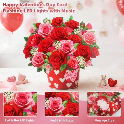 Tcamp Pop Up Mothers Day Card with Music & Light, Mothers Day Gifts for Her, Rose Bouquet Greeting Card, Mothers Day Card, Anniversary Birthday Gifts for Women Mom Sister