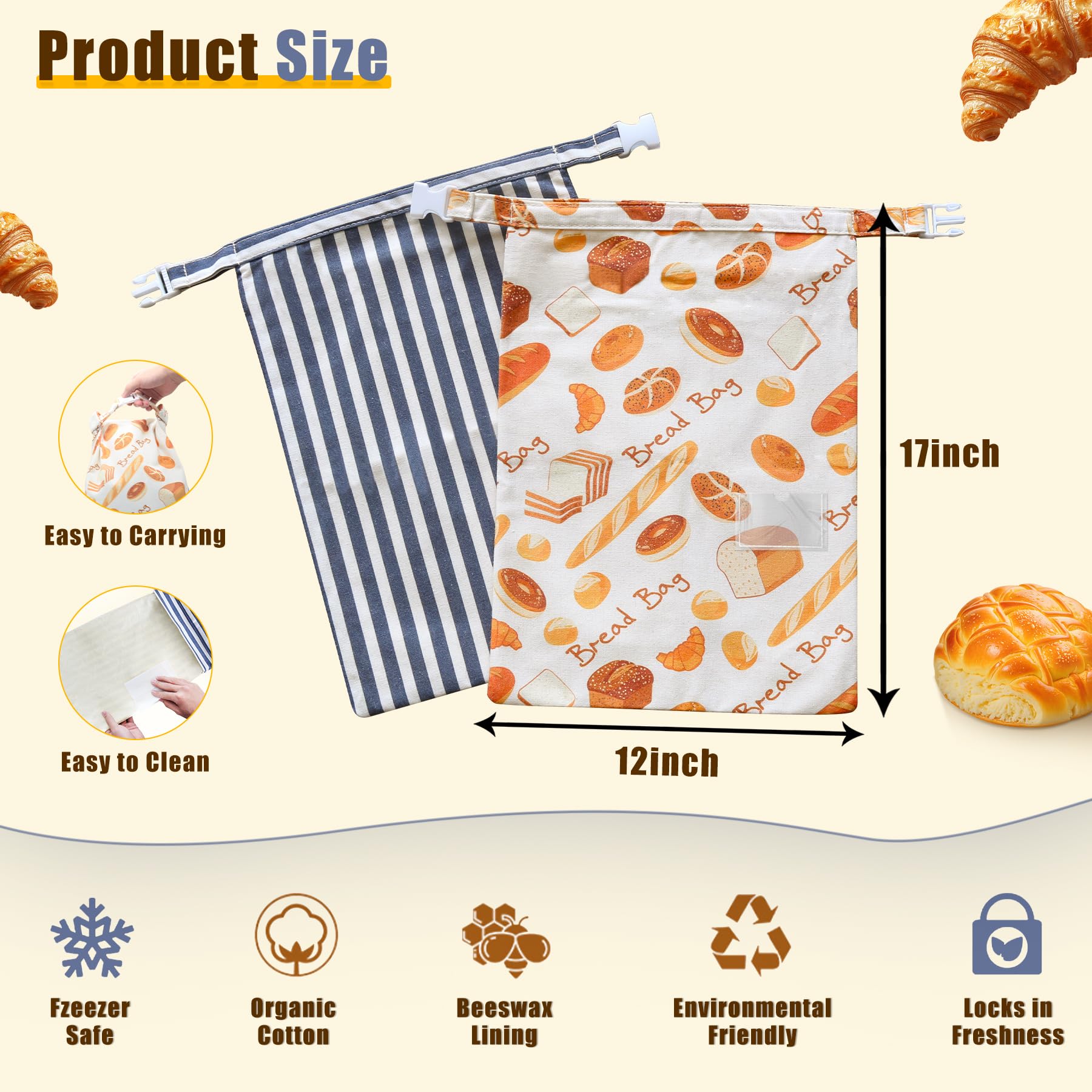 2 Pack Beeswax Bread Bags for Homemade Bread, Sourdough, Reusable Bread Bag XL Eco-Friendly Fresh Food Storage with Buckle & Zipper, Moisture Lock, Keeps Bakes Fresh Longer