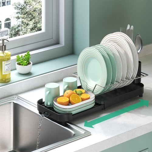 Small Dish Drying Rack - Expandable Compact Dish Drainer (12"-18.5") , Narrow Dish Rack for Kitchen Counter with Cutlery Holder, Space Saving Plate Rack, Dishes Holder Tray for Sink Countertop, Black