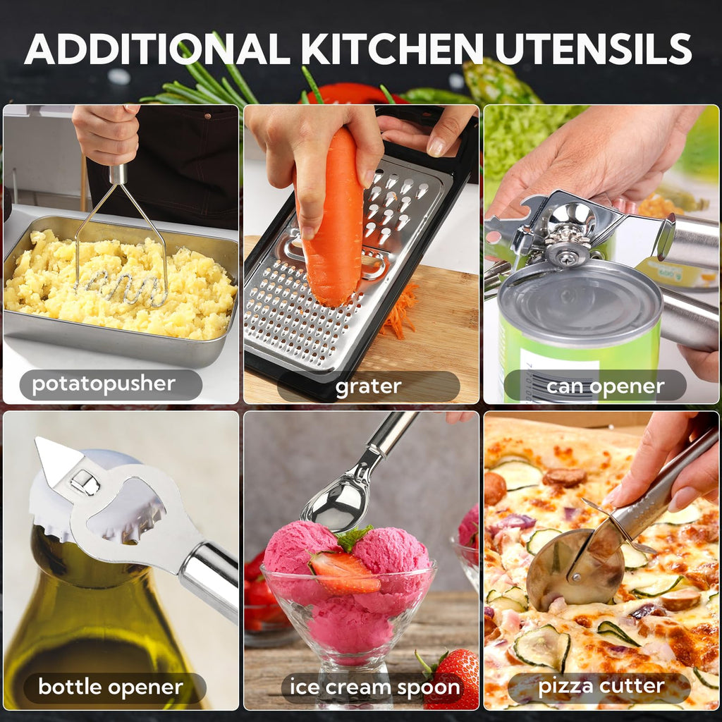33 Pack Non-Stick black silicone cooking utensils set, Heat Resistant & Dishwasher Safe with Stainless Steel Handles for Non-Scratch Cooking and Baking，Outdoor Cooking, and Small Apartments
