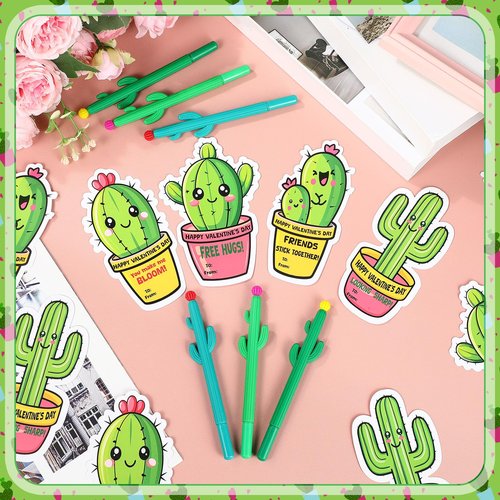 Sayglossy 24 Sets Funny Succulent Valentine's Day Card and Cactus Ballpoint Pen Set Valentine Exchanges Cards Succulent Gift Novelty Cactus Pens for Kids School Classroom Gift Exchanges