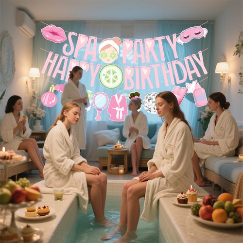 Spa Birthday Banners 3PCS Spa Birthday Party Decorations Pre-strung Makeup Party Banners Sleepover Theme Decor for Girls Slumber Pajama Party Supplies