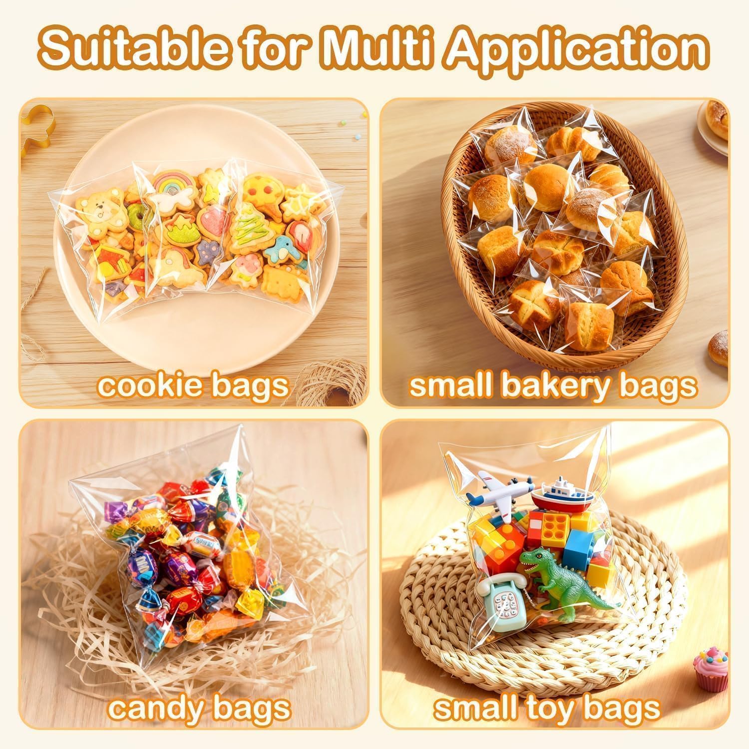 PigPotParty Cookie Bags 4''x 6", 100 Pcs Self Sealing Cellophane Treat Bags, Small Clear Plastic Goodie Bag for Gift, Snack, Party Favor, Candy