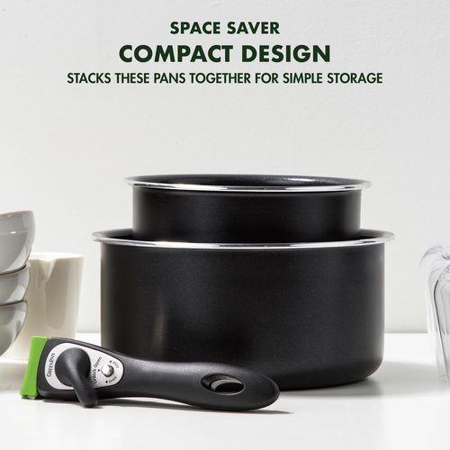 GreenPan Clip Series 1.7QT and 3.3QT Saucepan Set with Detachable Handle, Aluminum, Healthy Ceramic Nonstick Coating, Induction, Dishwasher Safe, PFAS-Free, Black