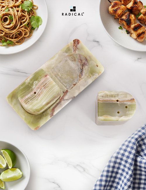 Radicaln Marble Salt & Pepper Shakers Set – 2.5" Green Modern Kitchen Essentials for Cooking and Dining, Stone Spice Holder & Saleros for Black Pepper, Pink Salt