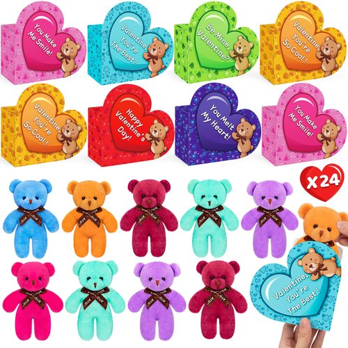 polokping Valentines Day Cards for Kids School, 24 Pack Cute Stuffed Bear Valentine Day Gifts for Boys Girls, Plush Bear Toys for Valentine's Gifts Classroom Exchange Prize, Valentine's Party Favors