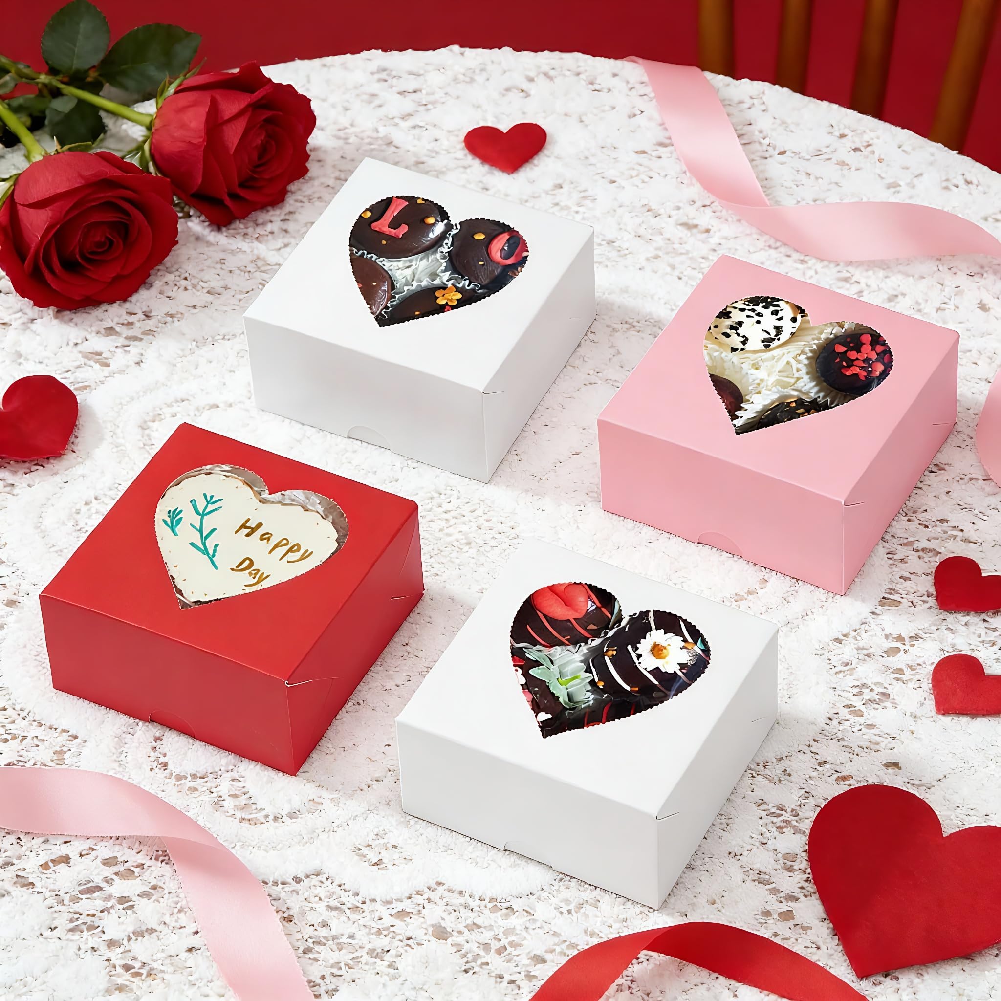 SLShePack 24Pack 4x4x2Inches Bakery Treat boxes with Heart Shaped Window Cookies Boxes Mini Baking Boxes for Cake Pie Cinnamon Roll Treat Chocolate Truffle Valentine's Day Favor