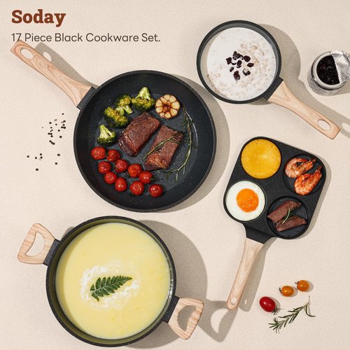 SODAY 17 Pcs Pots and Pans Set Non Stick Kitchen Cookware Sets Nonstick Induction Cookware Non-toxic Black Granite Cooking Tools with Stay-Cool Handles, Pot Protectors (PFOS/PFOA Free)