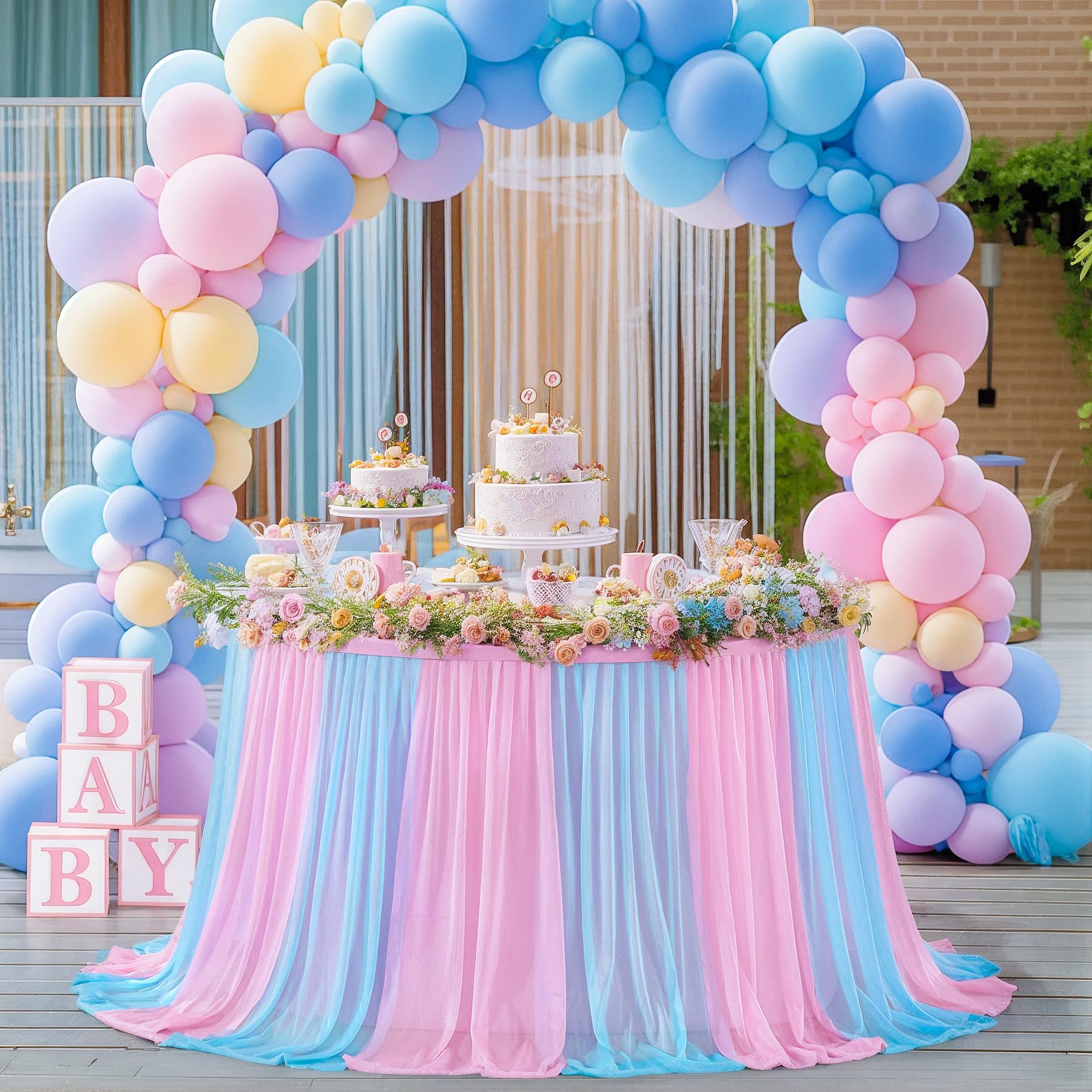Besutolife Blue Pink Tablecloth for Round Tables 6ft Tulle Table Skirt for Baby Shower Birthday Party Dining Table Buffet Parties Camping