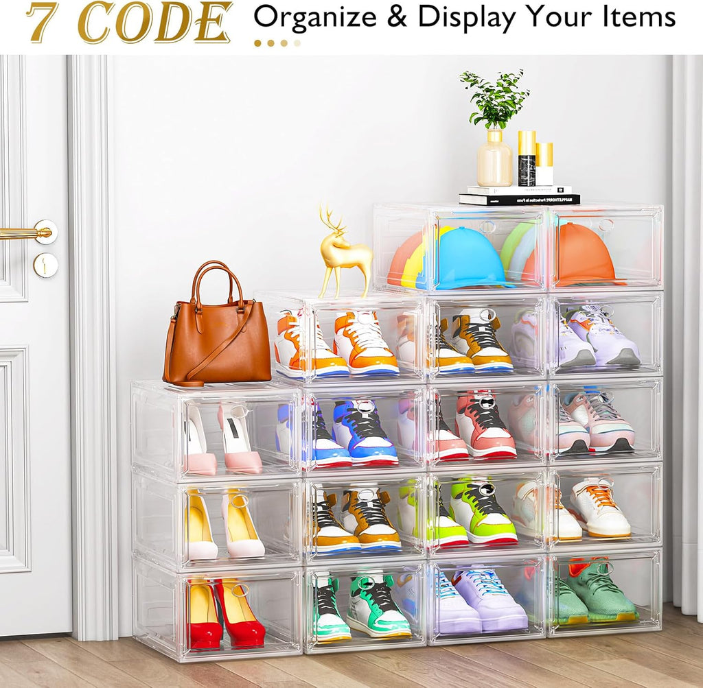 Skiennix Clear Shoe Storage Organizer - 12 Pack Stackable Plastic Boxes with Magnetic Doors | Space-Saving White Design