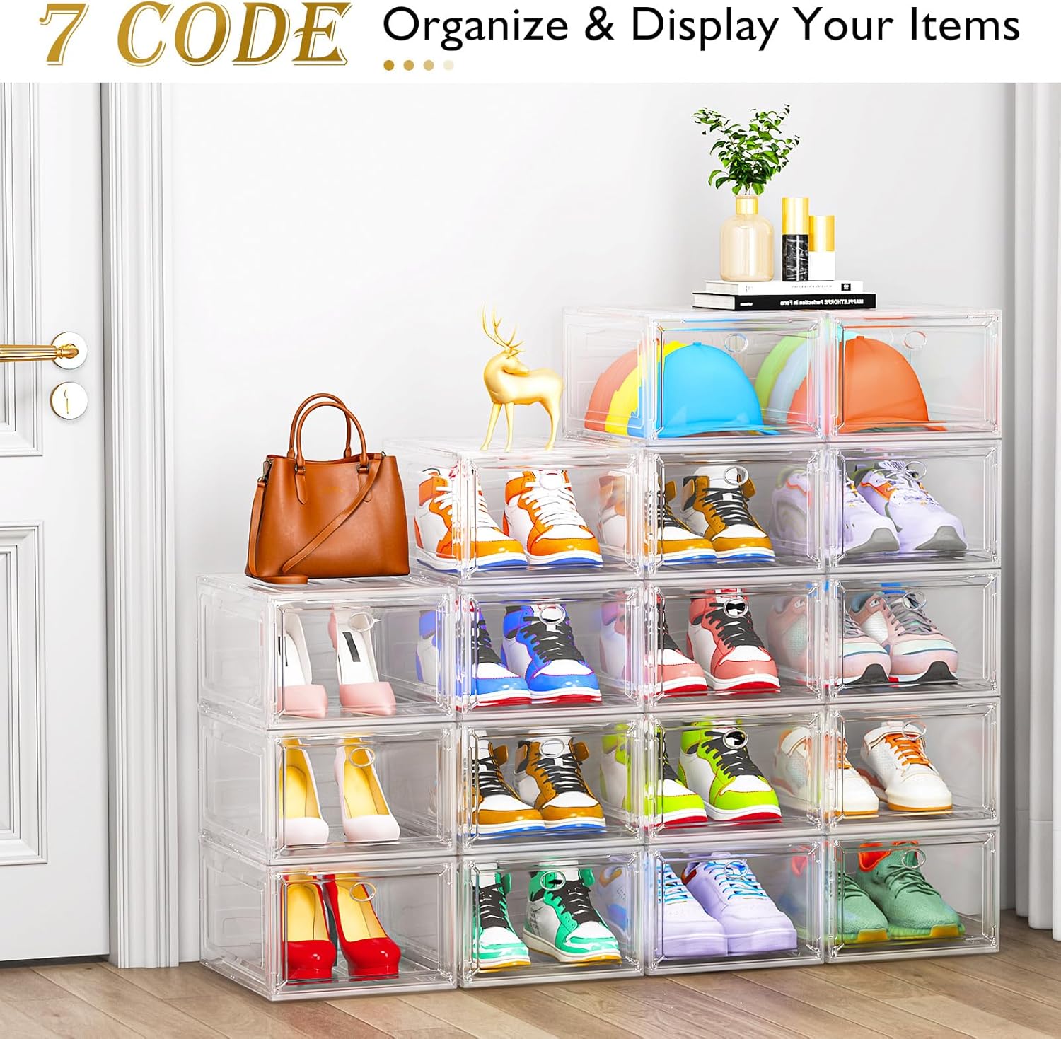 Skiennix Clear Shoe Storage Organizer - 12 Pack Stackable Plastic Boxes with Magnetic Doors | Space-Saving White Design