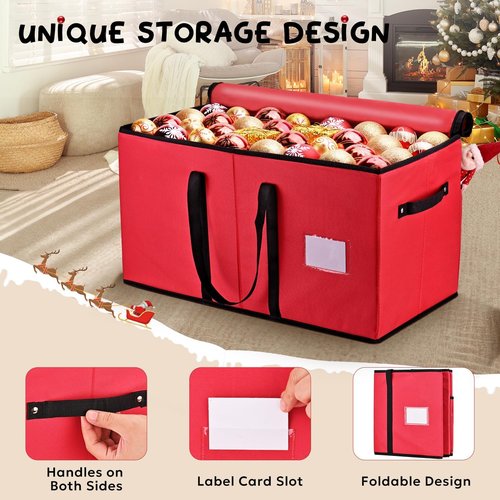 Mrrihand Ornament Storage Box - Dual Zipper Container for 128 Holiday Ornaments | 8 Trays, Red