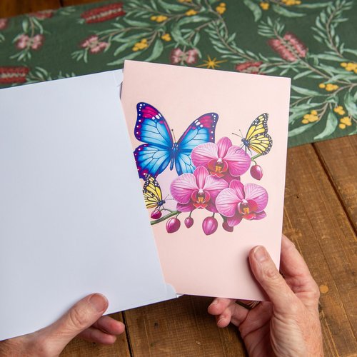 Pop Up Orchid and Butterfly Greeting Card for Birthdays, Thank You, Get Well, Mothers Day or Any Occasion. By Devine Cards