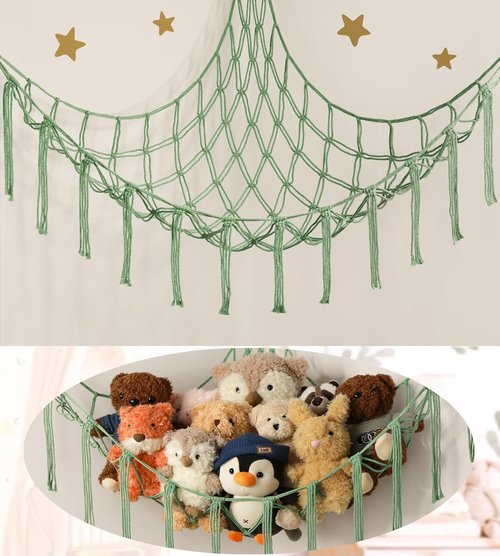 Mirolam Stuffed Animal Hammock - Corner Net Toy Storage Organizer in Matcha Green for Bedroom & Nursery Decor