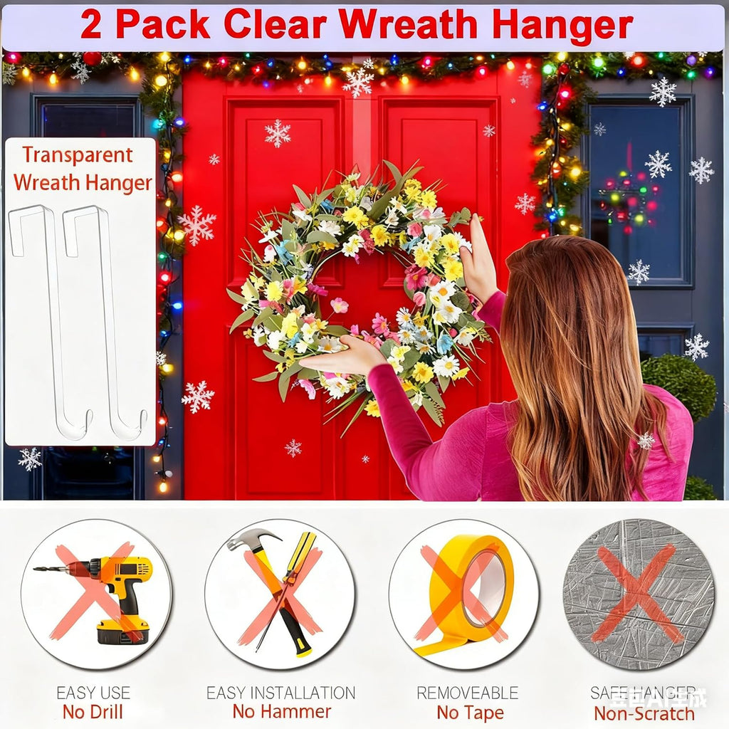 Skiennix Wreath Hanger - 12” Clear Over The Door Hooks for Easter & Christmas Decor | 2 Pack