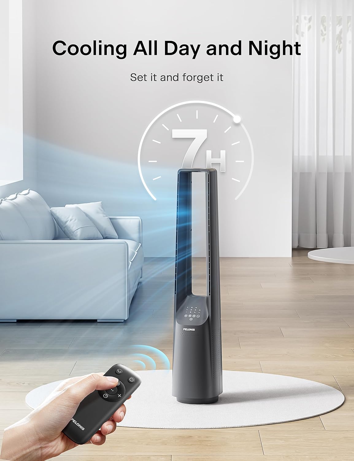Pelonis Bladeless Tower Fan - Ultra-Quiet 22 dB Motor, 6 Speeds, Remote Control, 90° Oscillation, Safe for Home & Office
