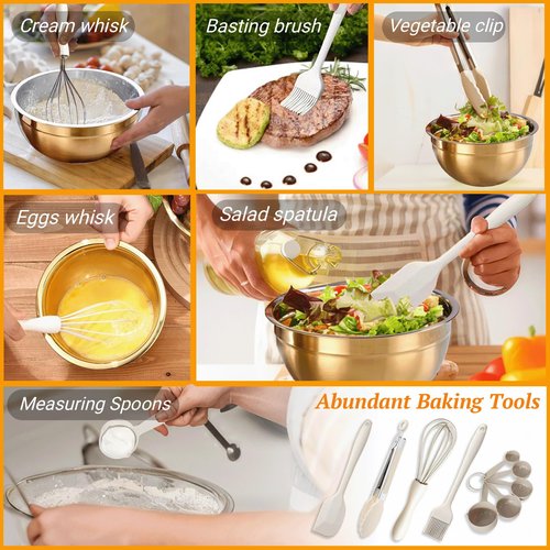 7 Pack Gold Mixing Bowls Set with 5 PCS Kitchen Accessories, Stainless Steel Nesting Mixing Bowls with Airtight Lids, Baking, Prepping and Serving Food, Stackable Size 7,3.6,2.7,2.1,1.5,1.1,0.8QT
