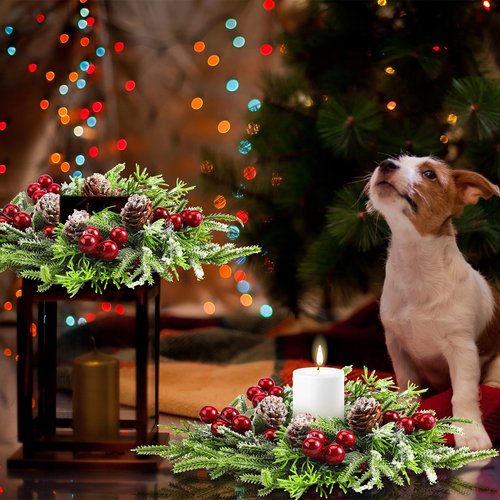 Lyrow 8 Pcs Christmas Candle Rings Wreath Xmas Kitchen Cabinet Mini Wreath Artificial Berries Snowy Pine Candle Ring Holder for Christmas Chandelier Home Table Centerpiece Indoor Decor
