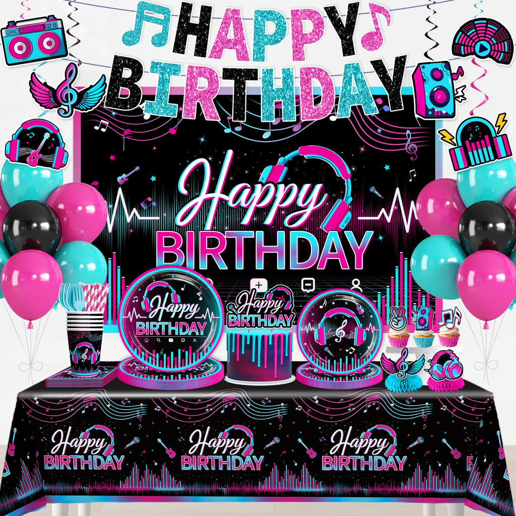wellspar 208pcs Karaoke Party Decorations Complete Tableware Set, for 25 Guests, Karaoke Birthday Party Decorations, Disposable Plates, Pre-strung Banner, Tablecloths for Music Birthday Decor