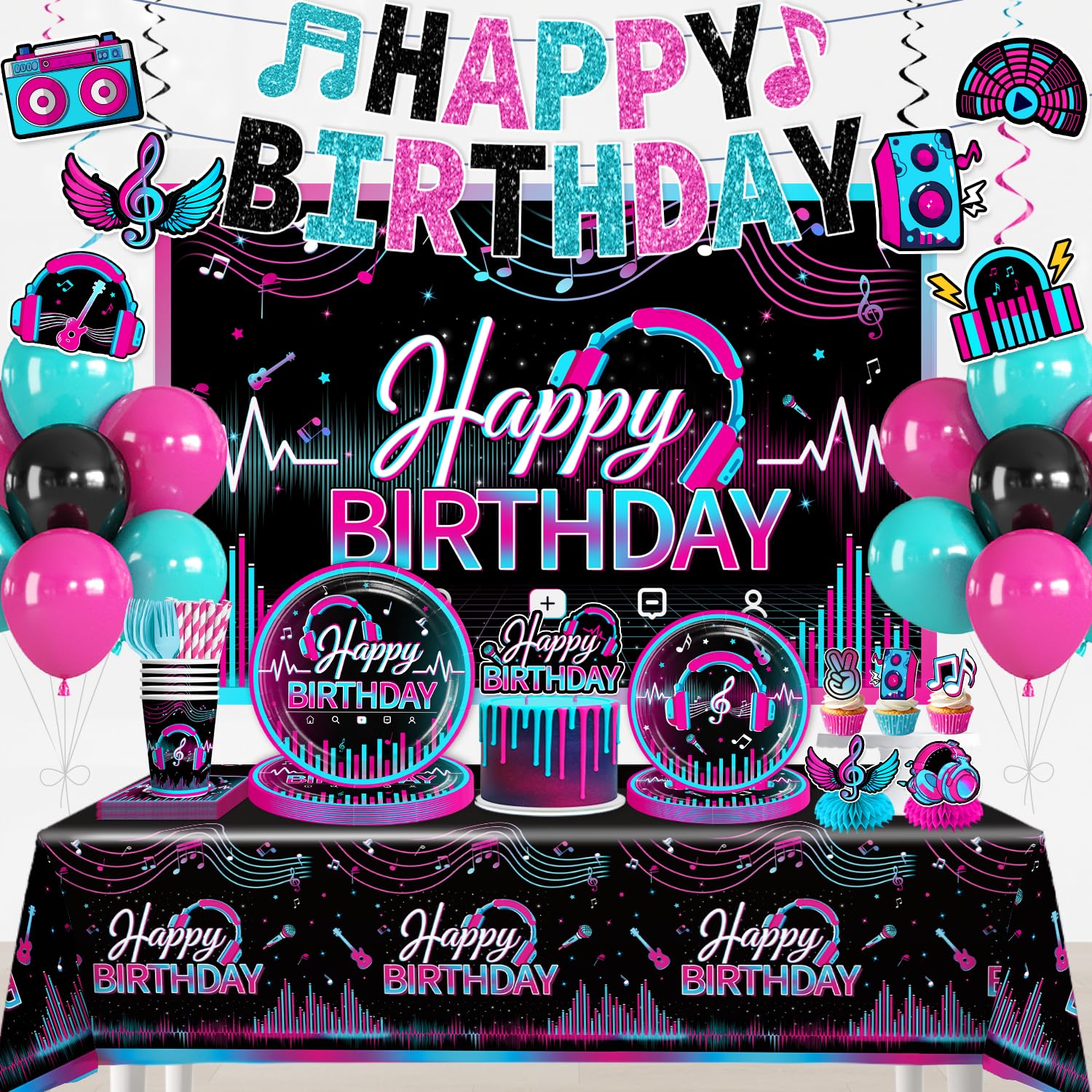 wellspar 208pcs Karaoke Party Decorations Complete Tableware Set, for 25 Guests, Karaoke Birthday Party Decorations, Disposable Plates, Pre-strung Banner, Tablecloths for Music Birthday Decor