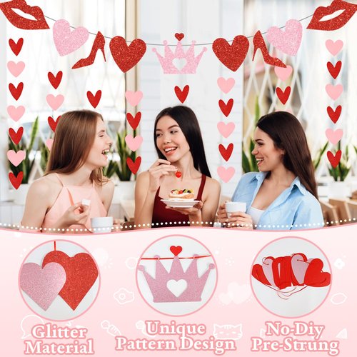 4Pcs Pre-Strung Galentine's Gang Banner, Heart Shaped Banners, Red, 0.2" x 0.2", Indoor, Wall Mount, Standard Banner, Galentine's Day, Home, Room Decorations