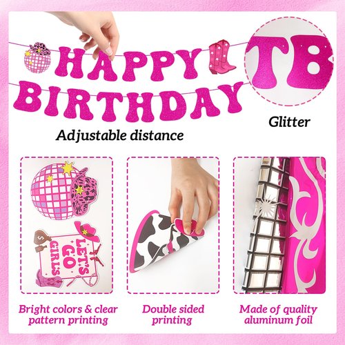 34pcs Disco Cowgirl Birthday Party Decorations, Western Cowgirl Party Decorations Hot Pink Happy Birthday Banner Disco Cowgirl Balloon Last Rodeo Bachelorette Party Decor Supplies for Women Girls