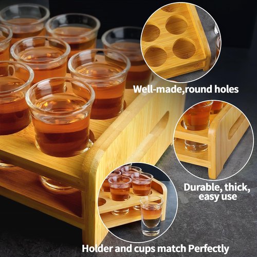 Supwinnet Shot Glasses Set of 12 Tray Serving Holder 1oz/30ml Bulk Glass Cups Thick Base with Stand Organizer for Tequila Party Club Bar Home Restaurant Kitchen Glassware Spirit Tasting Gift