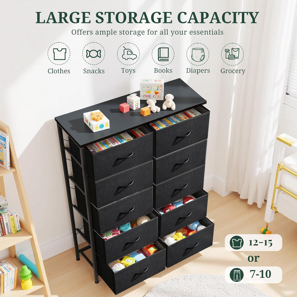 Regine Switzerland 10-Drawer Dresser - Anti-Tip Tall Storage Organizer with Wooden Top & Metal Frame | Black