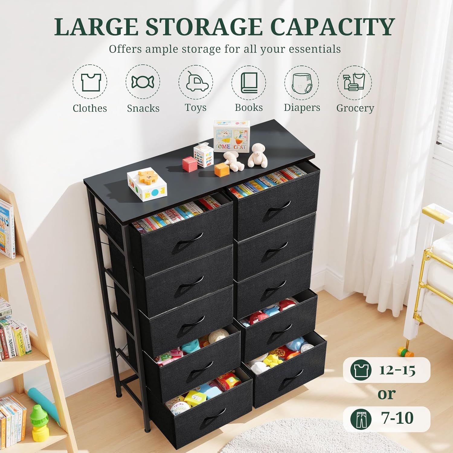 Regine Switzerland 10-Drawer Dresser - Anti-Tip Tall Storage Organizer with Wooden Top & Metal Frame | Black