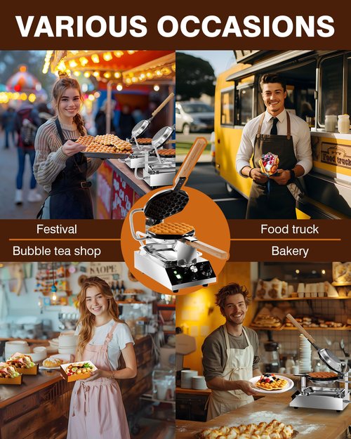 PYY Bubble Waffle Maker - Commercial Egg Puff Waffle Iron Machine, 180° Rotating, Non-stick Coating, 1500W Hong Kong Electric Stainless Steel, 122-482℉, 30 Egg Cones