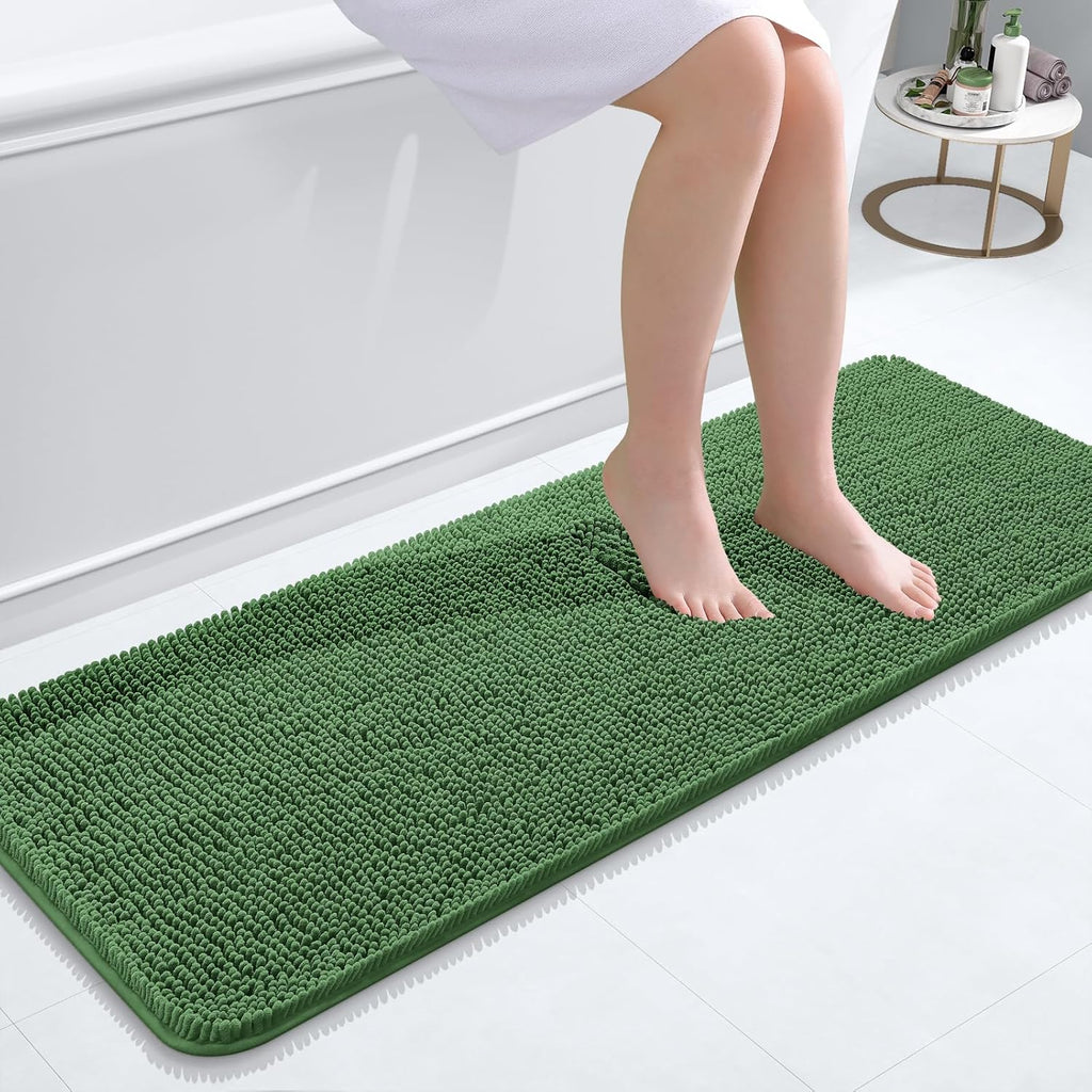 OLANLY Bathroom Runner Rugs - Soft Absorbent Chenille Bath Mat with Rubber Backing | 47x17, Olive Green