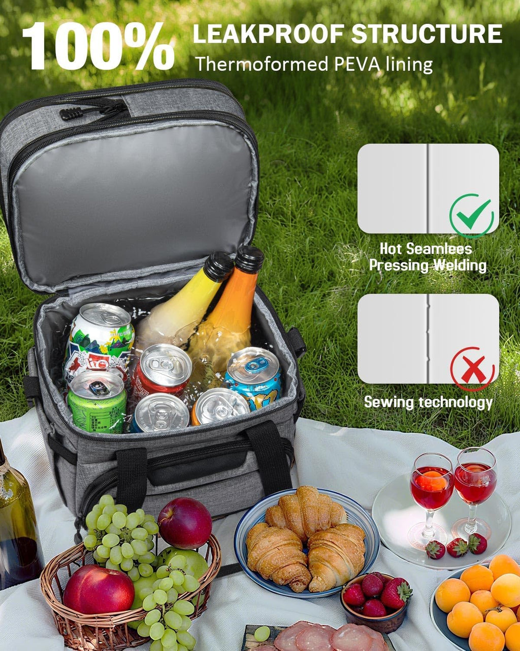 Skiennix Large Insulated Lunch Box - Dual-Compartment Cooler Bag for Work & Picnic | Grey 24-Can (14L)