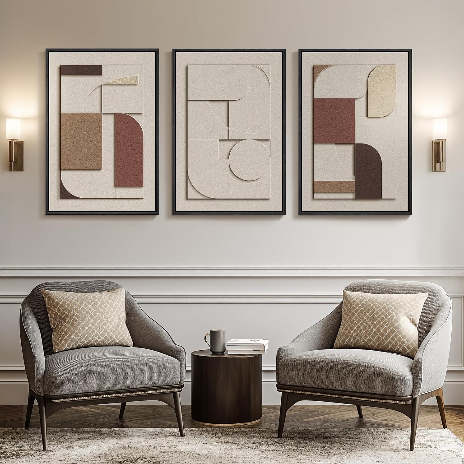 Skiennix 3D Textured Framed Wall Art - Beige Brown Geometric Paintings | Modern Minimalist 20x30 In