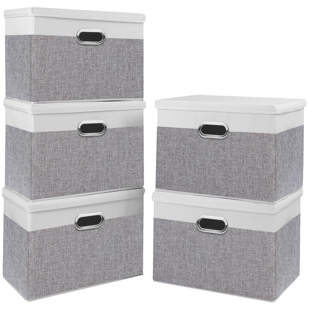 Yawinhe Fabric Storage Bins with Lids, Decorative Boxes with 2 Metal Handles, Waterproof Cube Organizer Basket, Closet Containers, White/Gray, 17.3''Lx11.8''Wx11.8''H, 5-Pack
