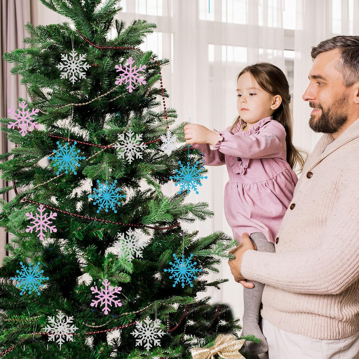 Skiennix Winter Snowflake Hanging Ornaments - Sparkly Ceiling Streamers for Christmas & New Year | Glitter Pink, Blue & Silver