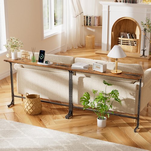 Simple Trending 78.75 Inch Narrow Console Table with 2 Charging Station, Sofa Table Adjustable Height, Behind Couch Table Set of 2, Long Entryway Tables for Living Room, Rustic Brown
