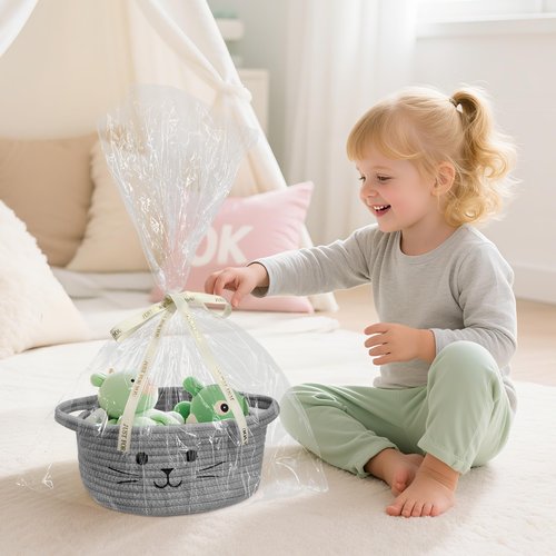 BYLSSNUK 9.8" x 4" Small Cat Toy Basket - Gift Baskets Empty for Baby Shower Baby Baskets for Nursery Cute Woven Rope Storage Basket for Home Decor, Cat Pet toy box, Grey Easter basket, 1Pack