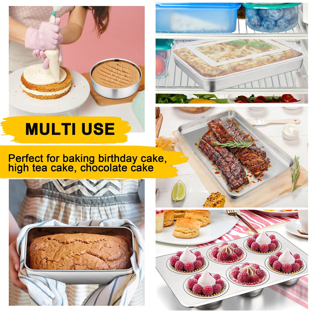 Bakeware Sets, P&P CHEF 9-Piece Stainless Steel Baking Pans Set, Round/Square Cake Pan, Toaster Oven Pan, Lasagna Pan, Loaf Pan, Pizza Pan, Muffin Pan, Dishwasher Safe & Durable, Healthy & Non-toxic
