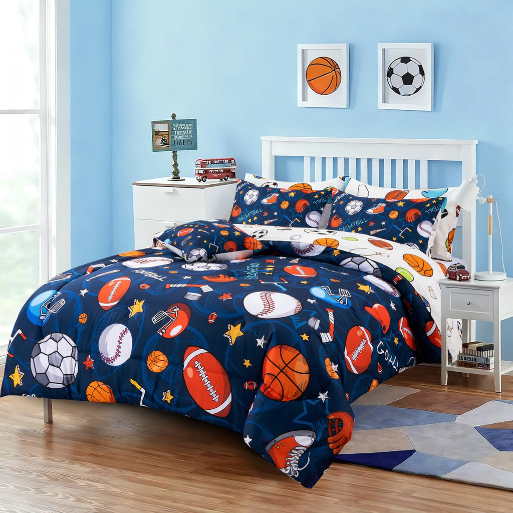 A Nice Night 6Pcs Bed in A Bag Full Sports Microfiber Modern Comforter Set,Navy Rugby Ball Printed Bedding Collections,for Boys Kids Teen