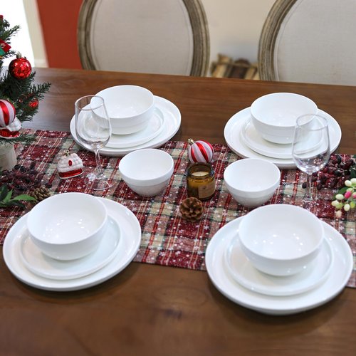 HAPPY KIT 12 Pieces Porcelain Dinnerware Set, Serving Plates and Bowls Set for 4, Chip and Scratch Resistant White Kitchen Dishware Sets, Thick-edge Non-slip Design