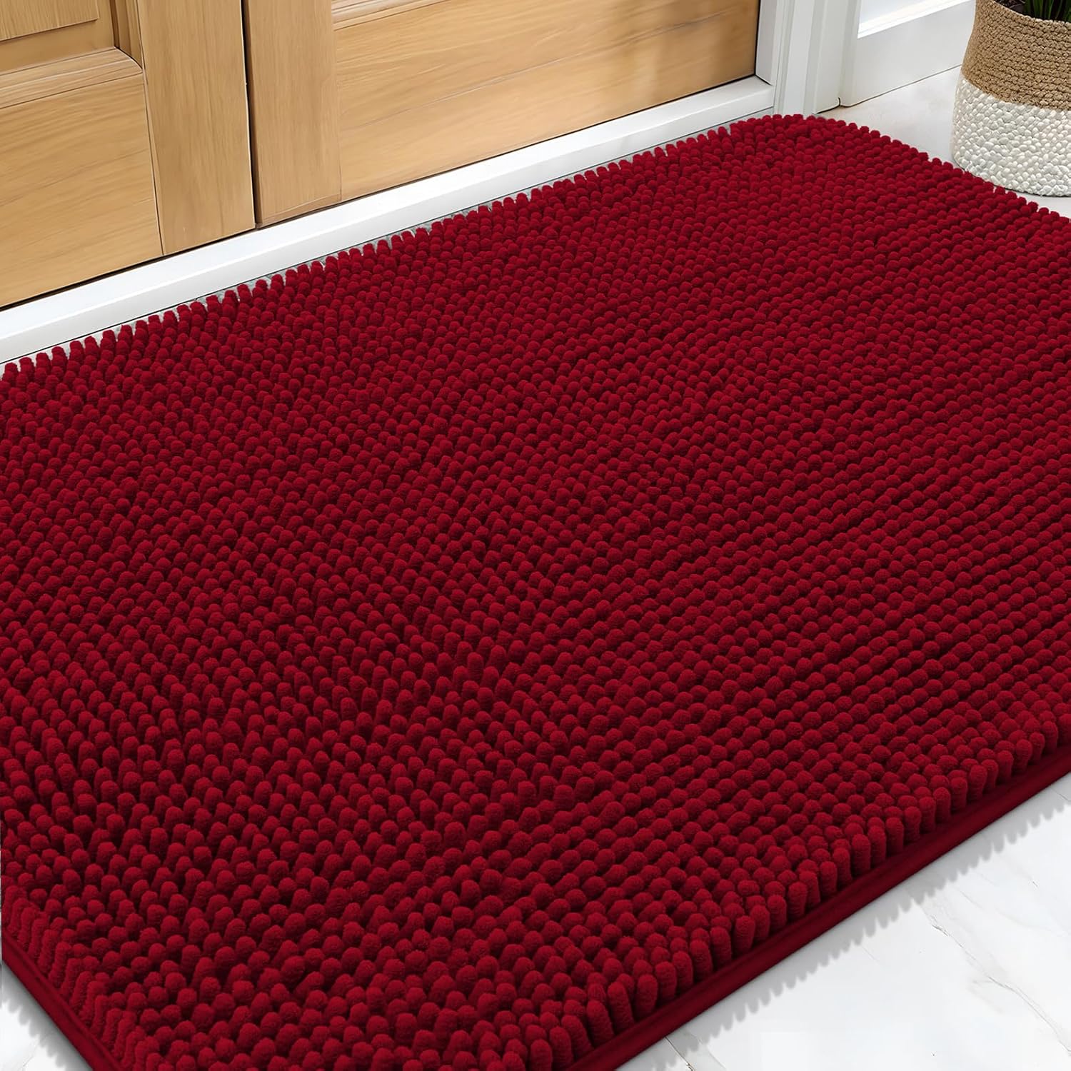 OLANLY Dog Door Mat - Absorbent Non-Slip Chenille Mat for Muddy Paws | 30x20 Inches, Quick Dry Red