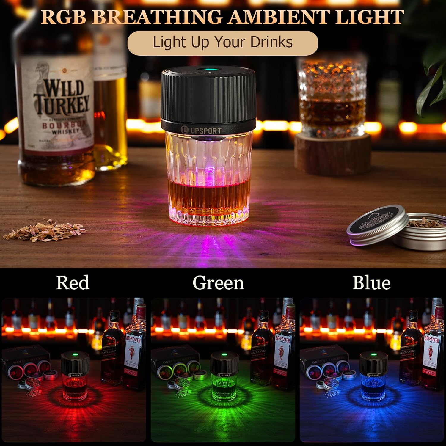 Old Fashioned Cocktail Smoker Kit - Rechargeable Electric Whiskey Smoker with 4 Light Modes & 6 Wood Chips