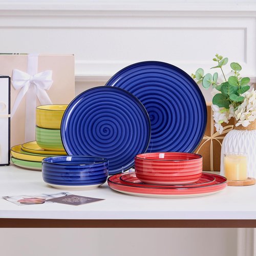 Alntlsiss Bonita Dinnerware Sets 12 Pieces, Blue Stoneware Dishes Set for 6, Plates Set and Bowls Sets, Dishwasher and Microwave Safe