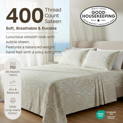 California Design Den Twin Size Cotton Sheets Set - 100% Soft Cotton, 400 Thread Count, Award-Winning Comfort | Paisley Beige