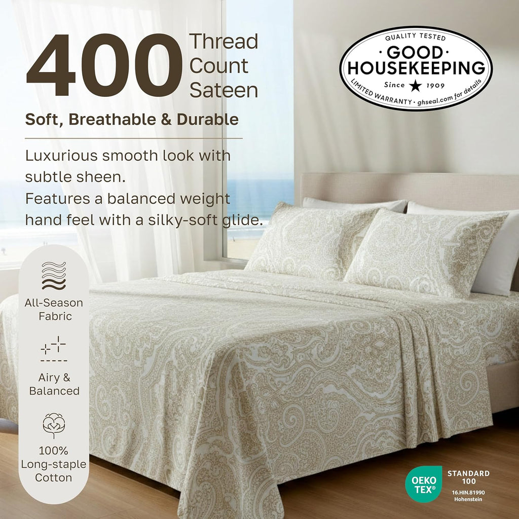 California Design Den King Size Cotton Sheets Set - 100% Soft Cotton, 400 TC, Award-Winning Sateen Finish, Paisley Beige