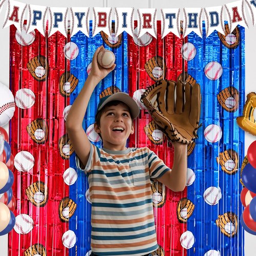 FESTFINDS 2 Pack Baseball Tinsel Foil Fringe Curtains Backdrop Party Decorations, Blue and White Red Door Streamers Banner Sports Themed Birthday Party Decor Supplies for Boys Favor