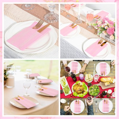 60 Pcs Pink Linen-Feel Paper Napkins with Built-in Flatware Pocket, Mother's Day Pocket Linen Napkin Prefolded Cloth Like Paper Napkins Bulk for Anniversay Wedding Baby Shower Birthday Bridal Party