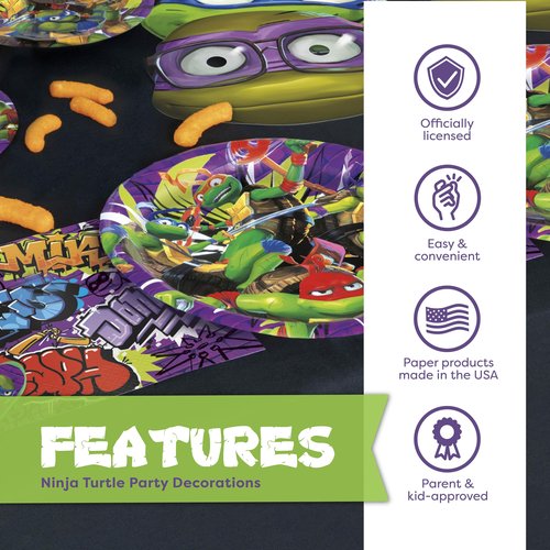 Teenage Mutant Ninja Turtle Birthday Decorations for Party | Serves 16 Guests | Banner, Tablecloth, Plates, Napkins, Door Poster Backdrop | Officially Licensed
